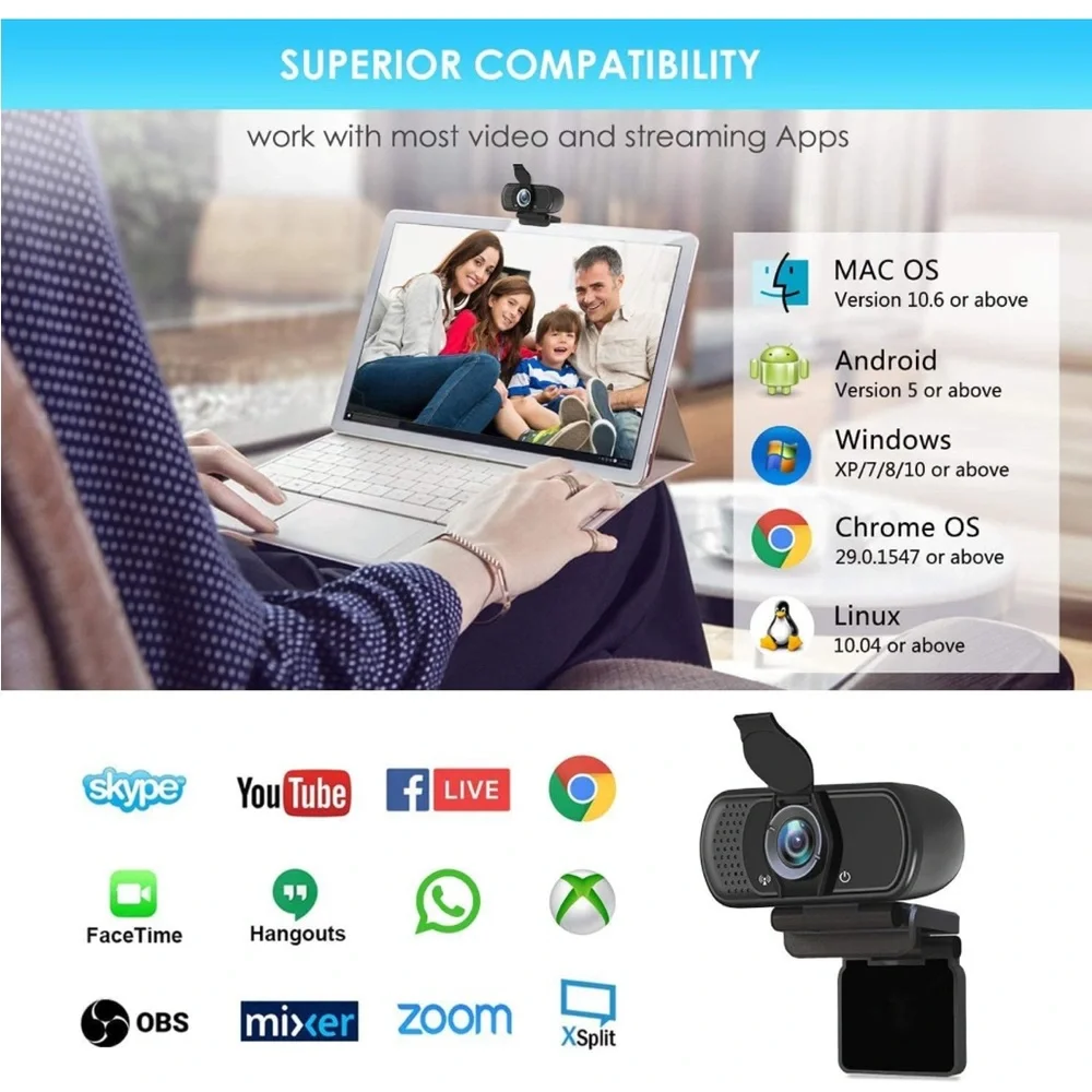Full HD 1080P Webcam with Privacy Shutter and‎ Tripod, Pro Streaming Web Camera